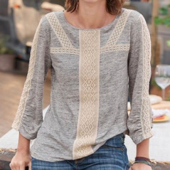 SUNDANCE CATALOG Women’s Gray Linen Crochet Lace Detail JUSTINE Tee Sz Petite S - Picture 1 of 8